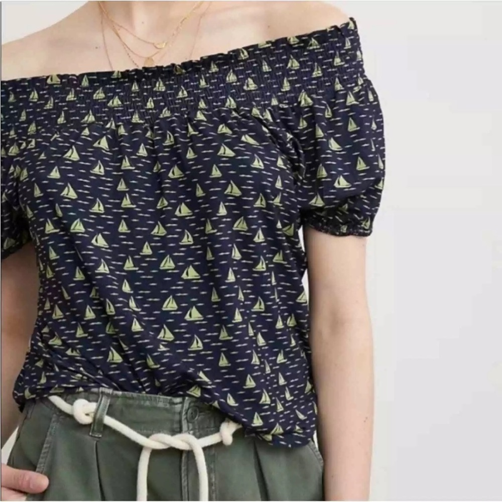Porridge Anthropologie Chartreuse Sailboats on Navy with a Bow NWT Sz M Ret $98 - Picture 2 of 8